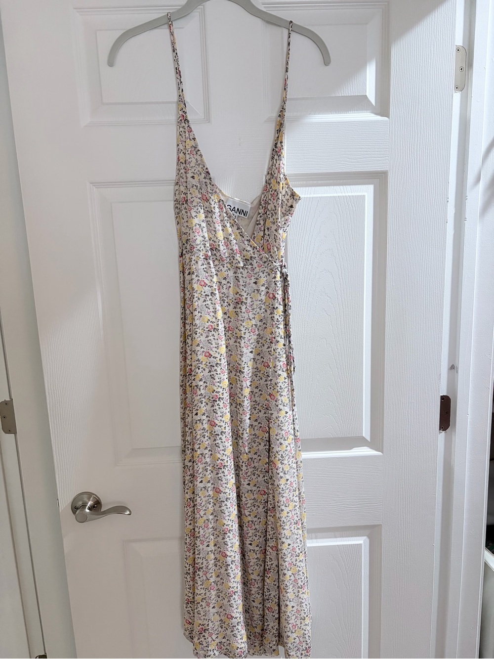Ganni Cream Floral Spaghetti Strap Slip Dress with Pastel Print